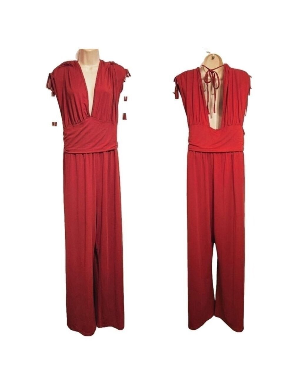 Suzanne Betro Red V Neck Shirred Wide Leg Jumpsuit 4XL